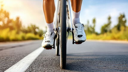 Road cycling closeup of cyclist pedaling on empty asphalt at sunrise