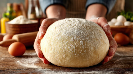 Close-up of Baker Holding Fresh Dough Ball Covered in Flour on Rustic Wooden Table, Baking Preparation with Ingredients and Kitchen Utensils in Background