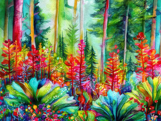 Vibrant Watercolor Forest Illustration with Trees, Flowers, and Foliage in Bold Colors, Artistic Nature Scene, Fantasy Landscape, Colorful Botanical Art