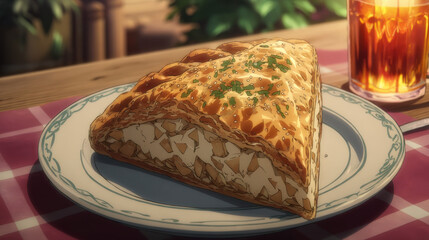 Delicious Apple Turnover on Plate with Iced Tea, Anime Style Food Photography, Perfect for Culinary Blogs and Restaurant Menus, Captivating Visuals