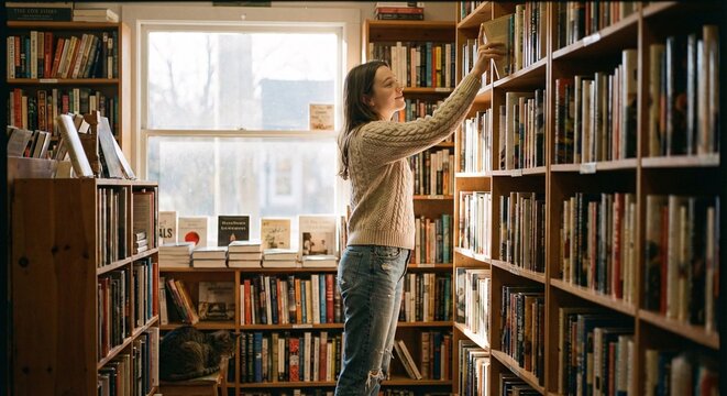 Woman Reaching For Book In Bookstore