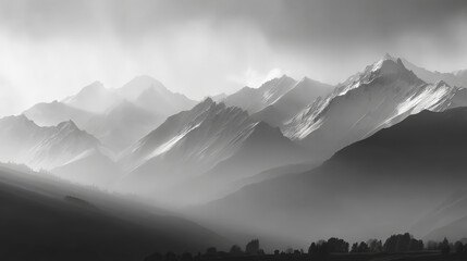 Majestic Mountain Range in Monochrome: A Serene Landscape of Peaks, Valleys, and Atmospheric Mist, Evoking Tranquility and the Beauty of Nature