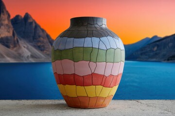 Artistic painted ceramic vase in front of lake and mountain landscape