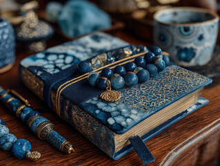 Elegant Blue and Gold Journal with Beaded Bracelet, Decorative Pen, and Matching Accessories on a Wooden Surface, Creating a Sophisticated Aesthetic