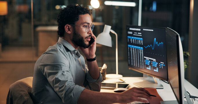 Night, phone call or man with computer screen, trading or investment account with communication. Talking, evening or employee with pc, cellphone or statistics for profit increase or stock market risk
