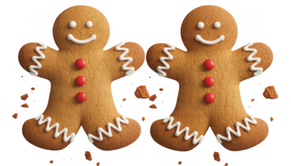 Two smiling gingerbread men with red candy buttons and white icing decorations isolated on a transparent background