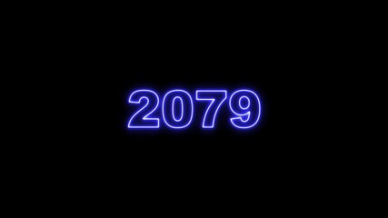 2079 neon line text. Abstract 2079 neon text animation, Glowing neon number text background 4k animation. Concept of counting years.