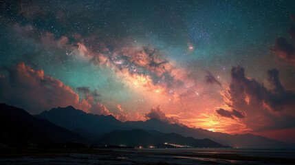 Majestic Milky Way Over Mountain Range at Sunset, Featuring Vibrant Colors, Stars, Clouds, and Tranquil Landscape Scenery for Travel, Nature, and Space Concepts