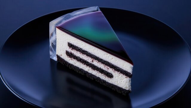 A slice of aurora borealis cheesecake on a black plate, with layers of creamy filling and a shimmering, colorful gelatin topping reminiscent of the northern lights, presented against a dark backdrop.