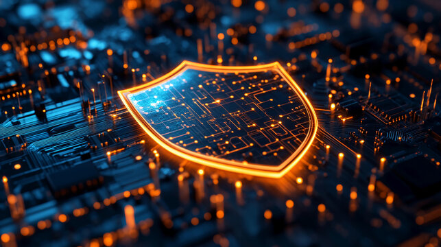 A digital shield glowing orange against a chip background. It symbolizes cybersecurity, data protection, technology, and modern IT solutions.