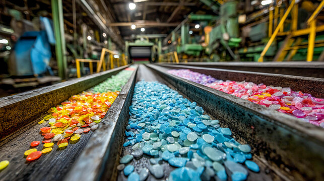 A conveyor belt at a glass recycling plant, with colorful pieces of glass moving along it: blue, green, yellow, and red.