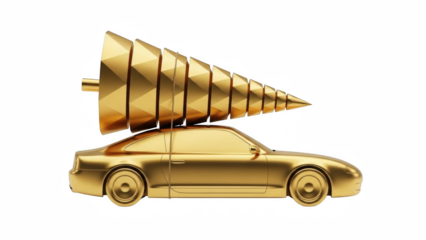 A golden car with a golden christmas tree on top against a plain black studio background image view on transparent background