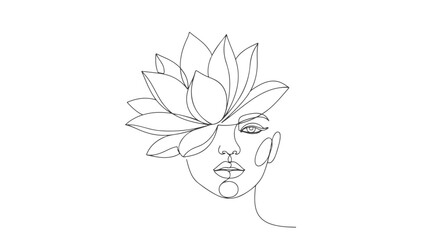 A beautiful continuous one line art drawing of a woman's face adorned with a lotus flower, minimalist elegance