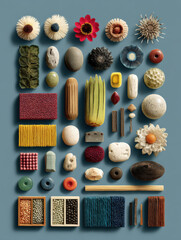 Arrangement of Natural and Textured Objects on Blue Background, Featuring Flowers, Stones, Wood, and Varied Textures in a Flat Lay Composition, Ideal