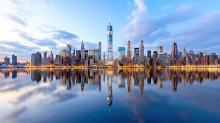 Fototapeta premium Manhattan skyline reflected on water at dusk with glowing city lights