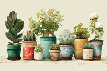 Collection of Potted Plants: Ficus Elastica, Cacti, Succulents, and Flowering Plant in Colorful Vintage Pots Against a Cream Background