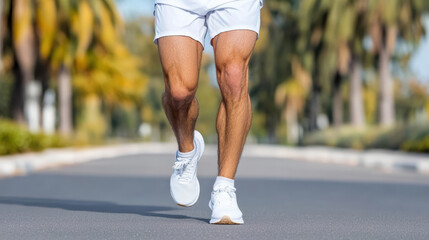 Athletic male runner legs in white shorts and shoes sprinting on sunny palm lined road energized