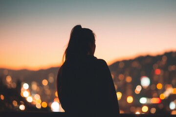 Woman silhouette contemplating city lights at dusk