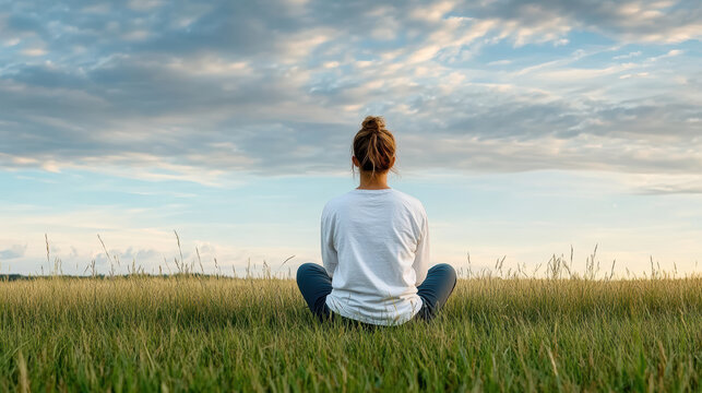 Young woman sitting cross legged in grassy field at sunset, calm meditation mood
