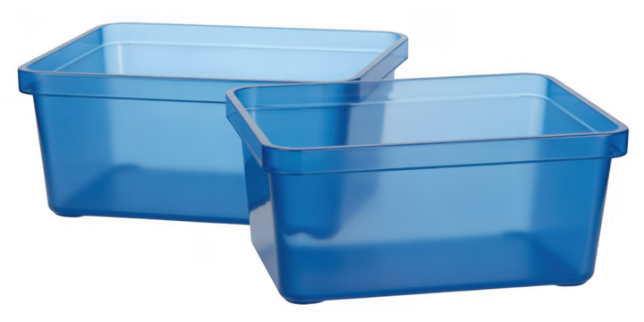 Two translucent blue plastic storage containers side by side isolated on a transparent background