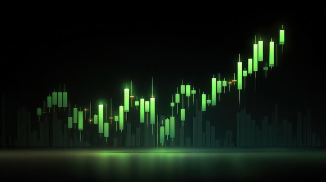 Green candlestick financial chart with rising trend