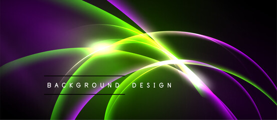 Abstract background features vibrant curves, glowing lines. Purple, green hues dominate dark space. Modern design element.