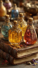 Antique Glass Bottles with Colorful Liquids on Stacked Leather Bound Books, Vintage Potion Bottles, Alchemy, Magic, Fantasy Still Life