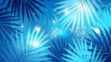 Lush Blue Palm Leaves Overhead, Vibrant Background, Graphic Art, Serene Environment, Aerial View, Nature Concept