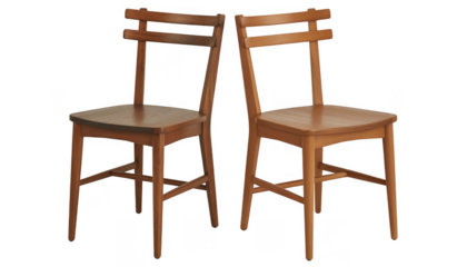 Two wooden chairs with slatted backs and square seats isolated on a transparent background
