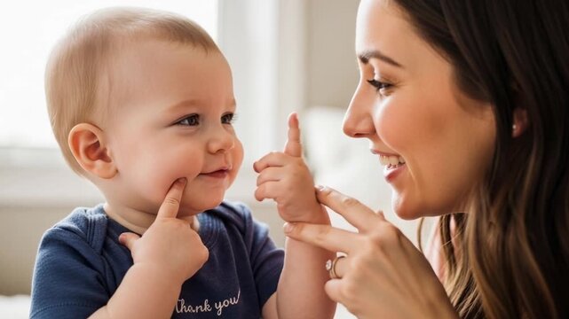 Mother engaging in sign language lessons with her baby in a cozy home setting, both smiling and interacting with hands, soft natural light filling the room, teaching