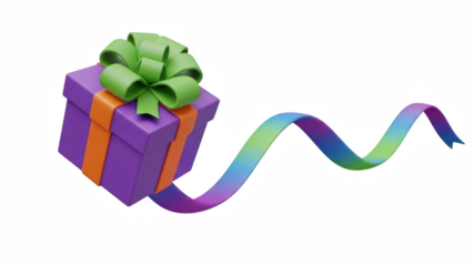 A purple gift box with green bow and orange ribbon attached to a colorful flowing ribbon on black on transparent background