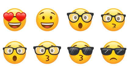 A collection of illustrated yellow emoji faces with different expressions and glasses, a concept for digital communication and social media reactions