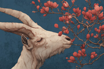 Artistic Illustration of a Mountain Goat Smelling Red Flowers on a Branch Against a Dark Blue Textured Background, Evoking a Sense of Peace and Harmony