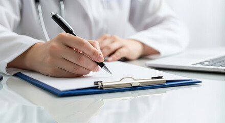 Medical Professional Writing Notes on Clipboard in Office