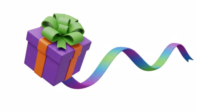 A purple gift box with green bow and orange ribbon attached to a colorful flowing ribbon on black on transparent background