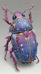 Fantasy Beetle Illustration with Intricate Details, Purple and Blue Color Palette, and Golden Accents, Isolated on a Neutral Background, for Fantasy