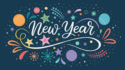 Naklejka premium Fun, celebratory New Year 2026 vector artwork with abstract geometric shapes and bright, energetic colors, symbolizing a vibrant start.