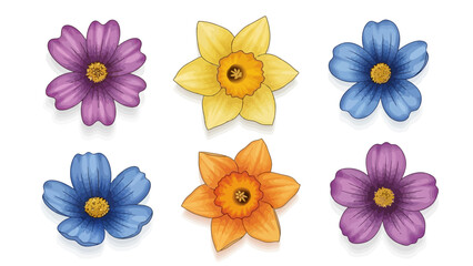 Vibrant hand-drawn floral illustrations, a colorful collection of blossoms in various hues. Ideal for spring and summer designs, adding natural beauty and artistic charm to projects