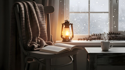 Experience ultimate comfort and tranquility in a cozy winter reading corner, featuring a warm lantern, an open book, and a steaming beverage beside a snowy window scene