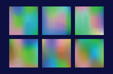 Six abstract holographic gradient backgrounds with vibrant pastel colors and soft light effects