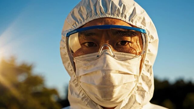 Closeup portrait of an asian healthcare worker in full personal protective equipment adjusting safety goggles outdoors against a blue sky