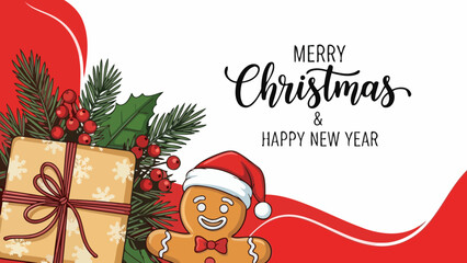 Merry Christmas and Happy New Year Greeting Card with Gingerbread Man and Gift Box Illustration