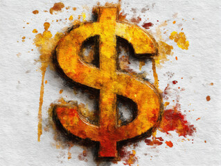 Watercolor Dollar Sign Illustration on Textured Paper, Financial Concept Art with Golden and Red Hues, Artistic Money Symbol