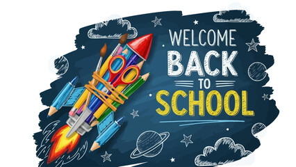 Welcome Back to School Rocket Illustration with Educational Supplies