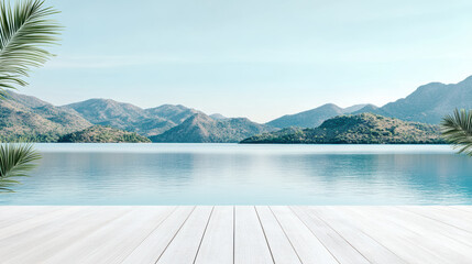 Serene lake landscape calm water mountain horizon palm leaves relaxing view