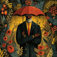Stylized Illustration of a Man with Umbrella in a Floral Setting, Featuring Rich Colors and Textural Details, Suitable for Editorial or Creative Projects