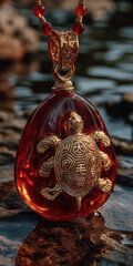 Elegant Red and Gold Turtle Pendant Necklace with Intricate Details, Symbolizing Longevity and Good Fortune, Displayed on Natural Rock and Water Background
