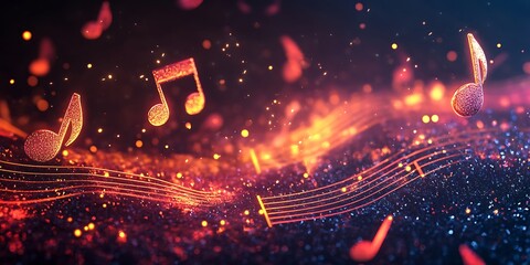 Glowing musical notes floating above staff lines with bokeh lights in the background and sparkles around