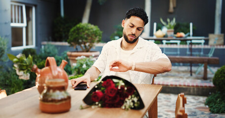 Late date, restaurant and man with watch for reservation meeting, waiting and frustrated....