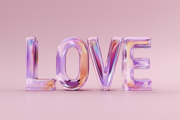 Modern 3D serif &ldquo;LOVE&rdquo; with aurora rose to lavender gradient, glossy reflective surface, on minimal pink background for greeting cards.